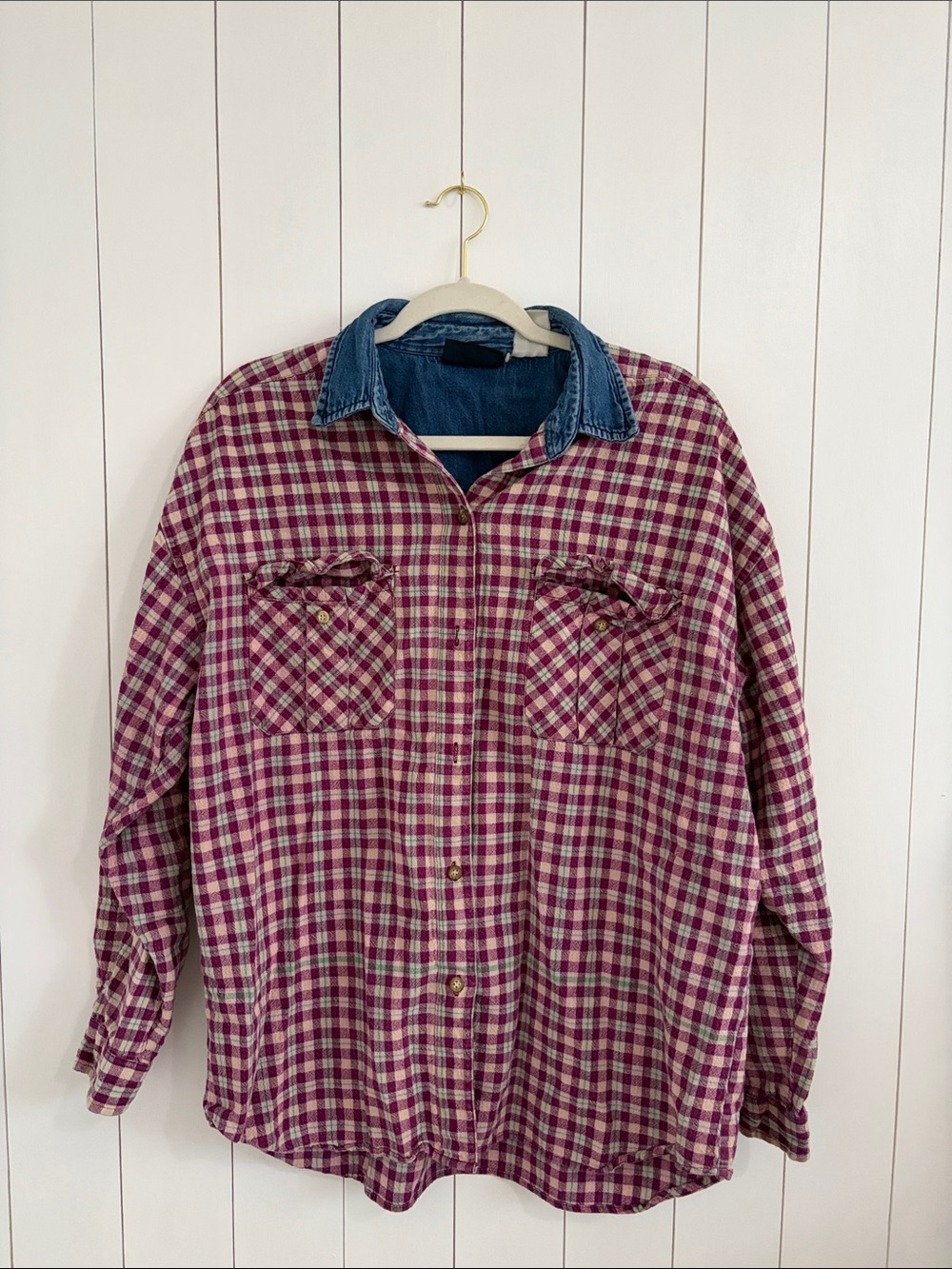 Faded Glory Purple and White Plaid Button-Down Shirt with Denim Collar